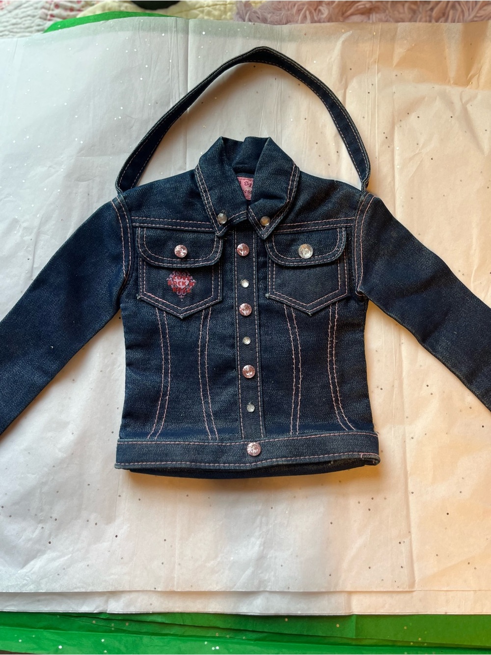 Pop Star Princess Purse Girls Dark Denim Jacket Purse with Pink Stitching